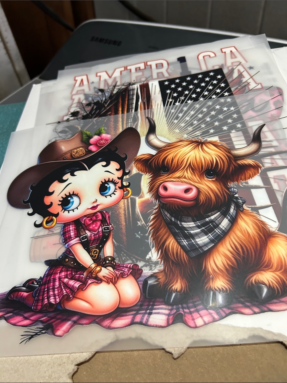 Betty Boop Cowgirl & Highland Cow Pink Home Art Print